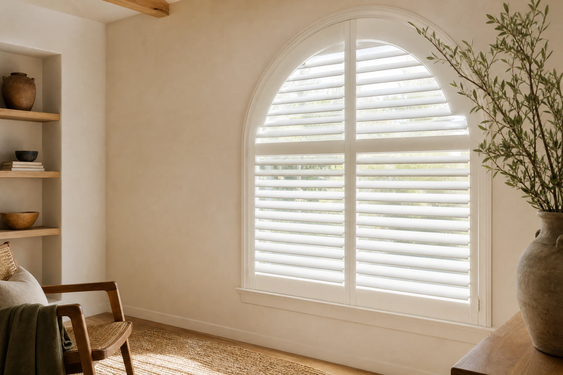 Generic editorial inspiration of plantation shutters within an arched window