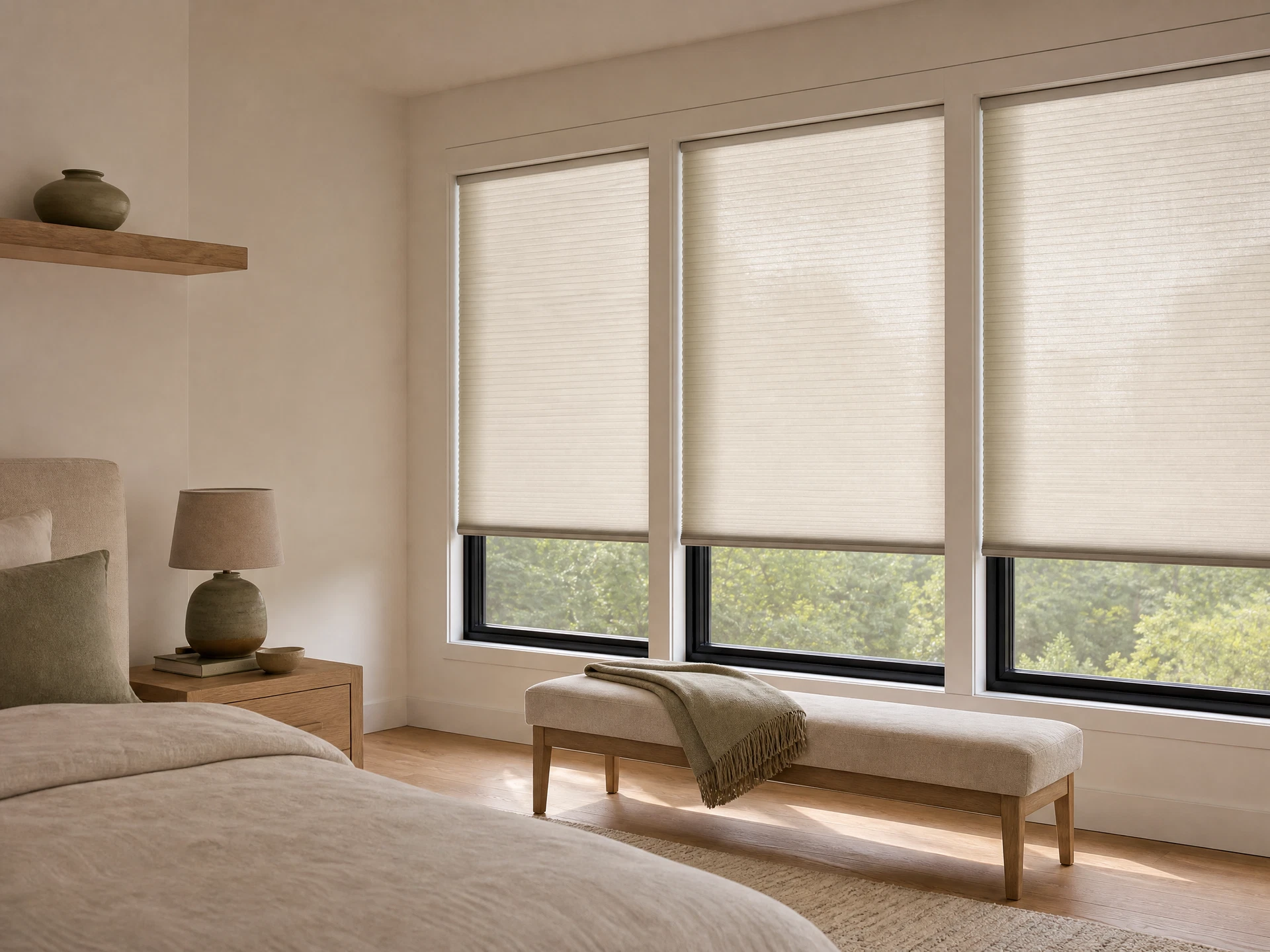 Cellular shades fitted to residential windows for privacy and comfort