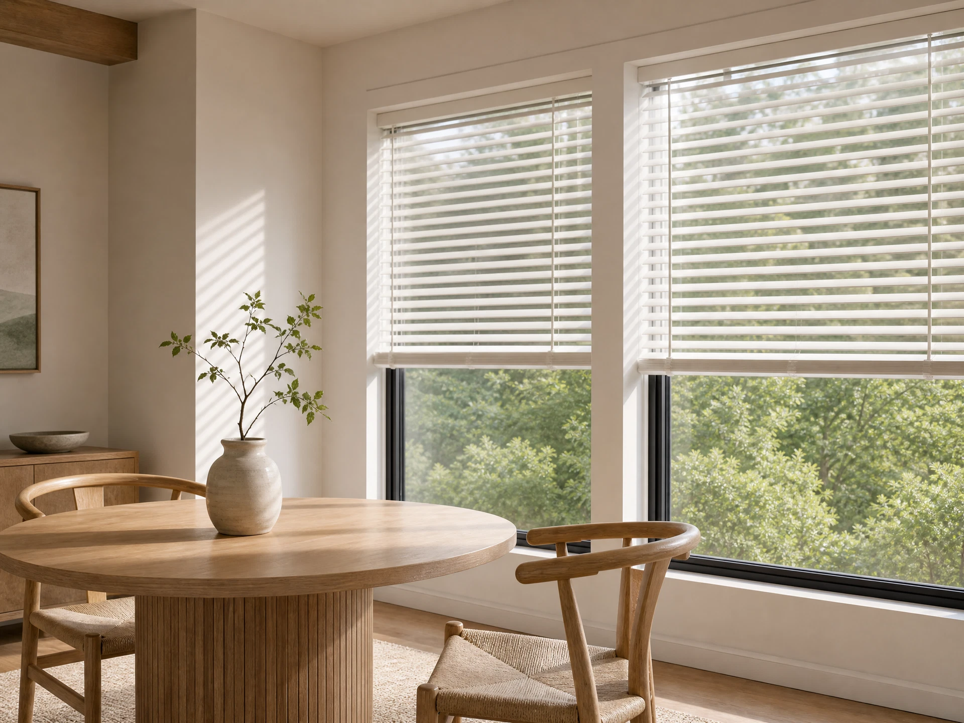 Faux wood blinds with adjustable slats in a warm room