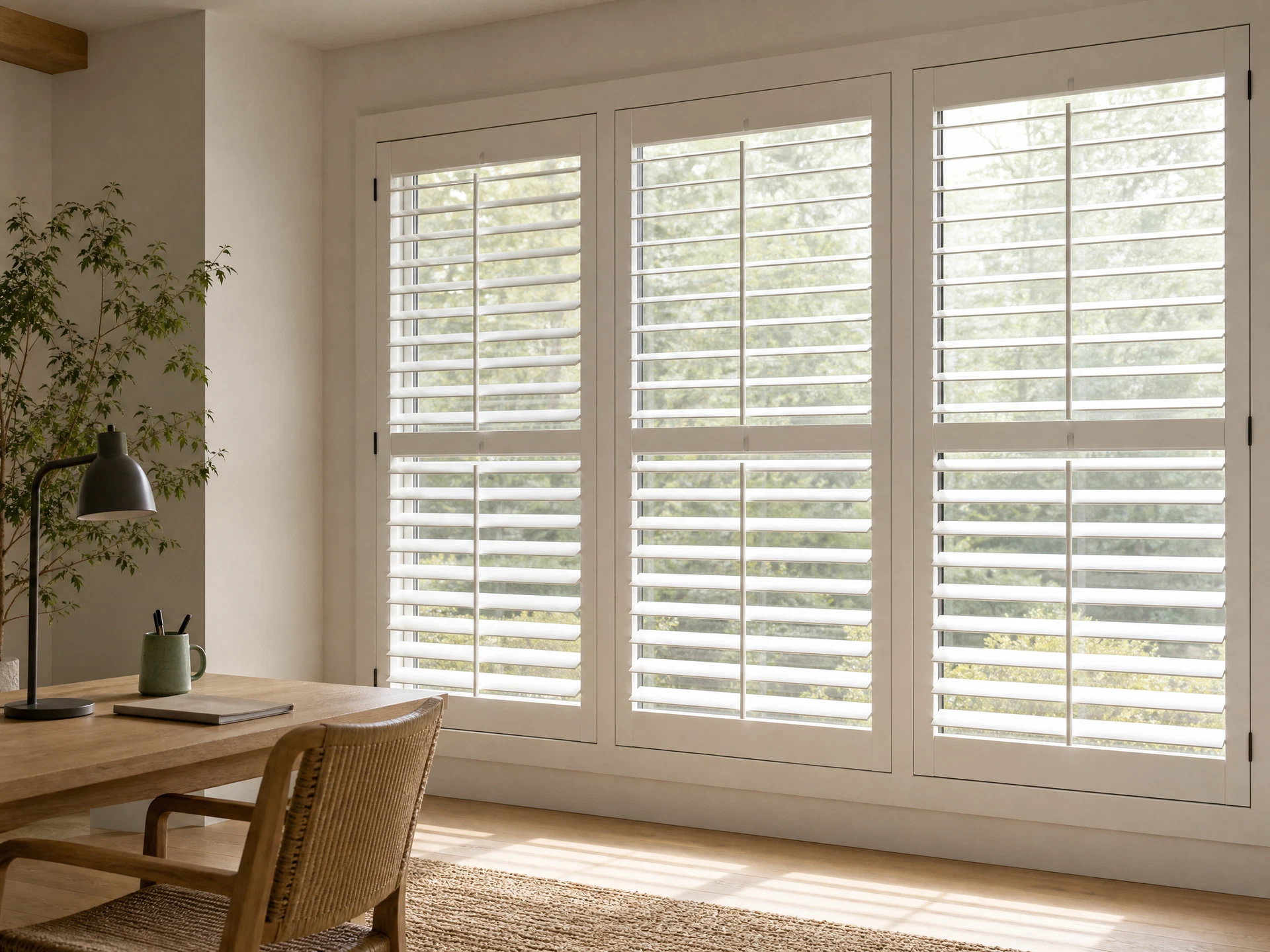 White plantation shutters fitted across tall interior windows