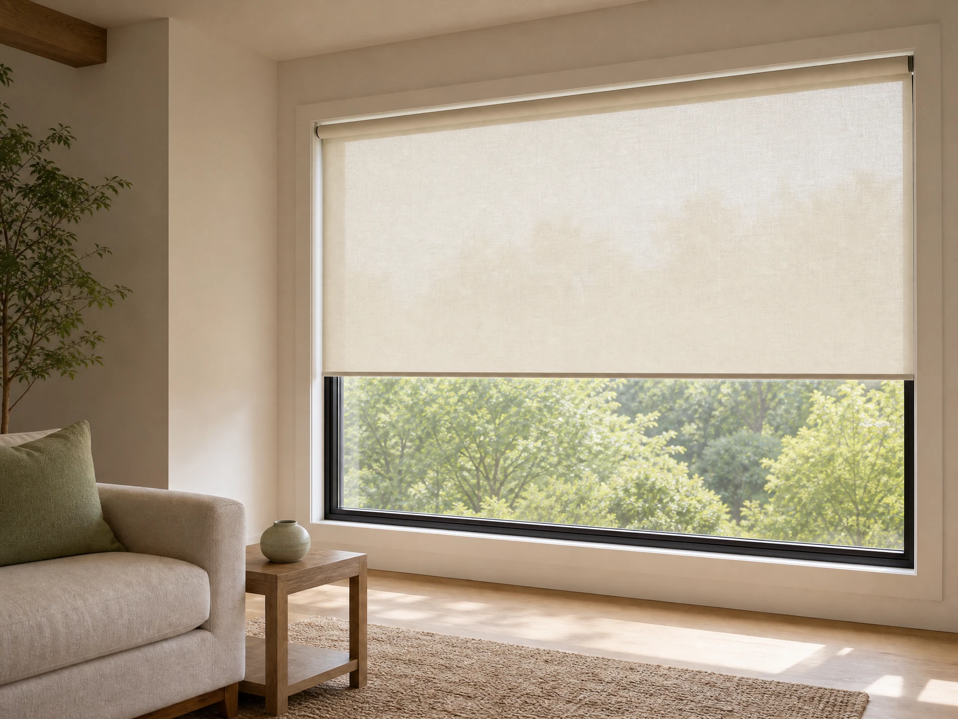 Custom roller shades providing light control in a bright living room